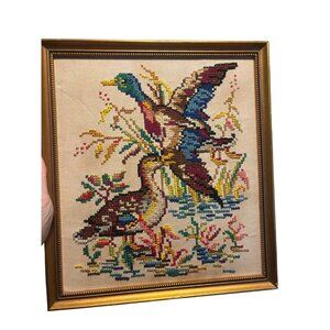 Vintage Framed Needlepoint Embroidery Mallard Ducks Wall Art Gold Frame Nature